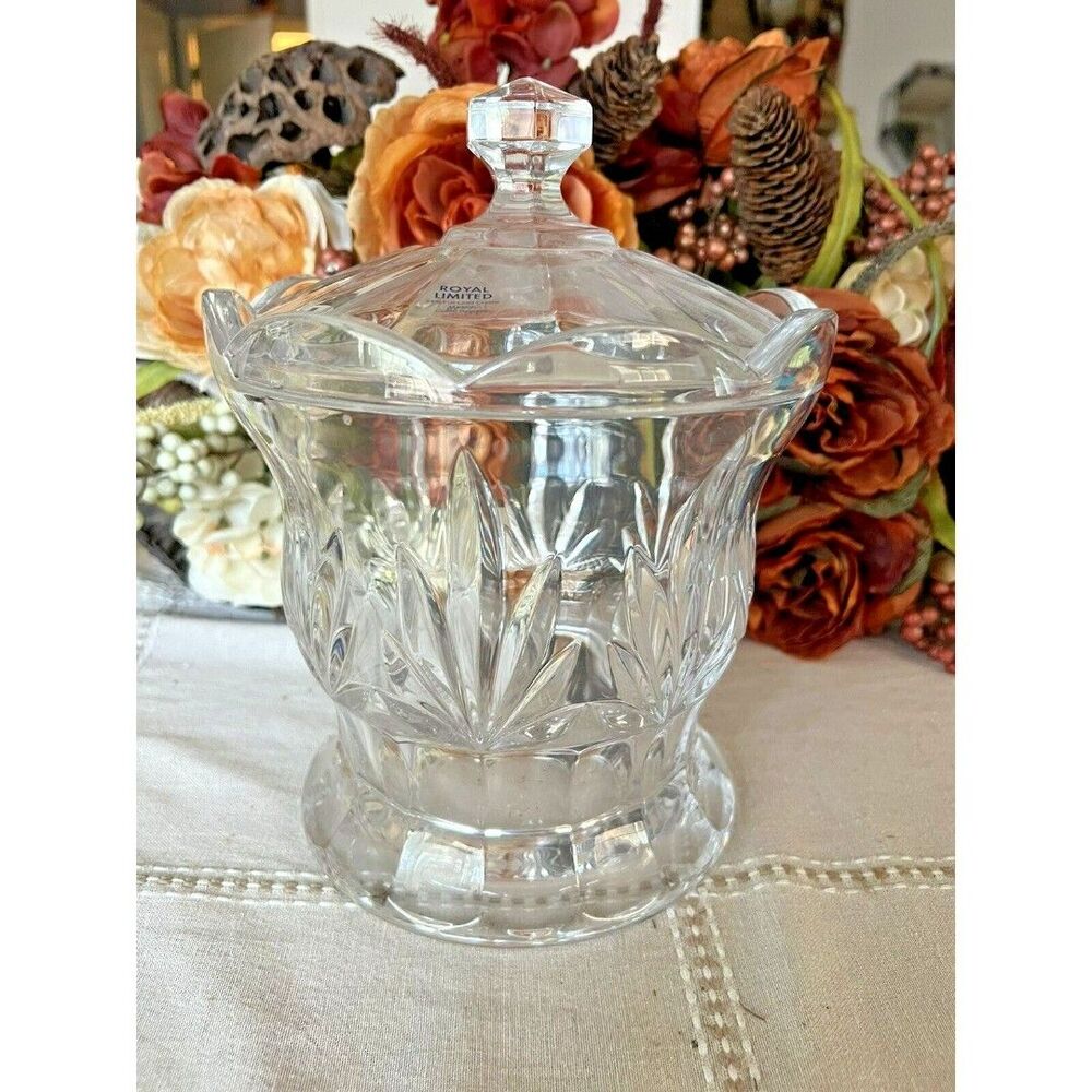 Vintage Czech Republic Crystal Lidded Candy Dish Cut Leaf Pedestal Bowl-Heavy